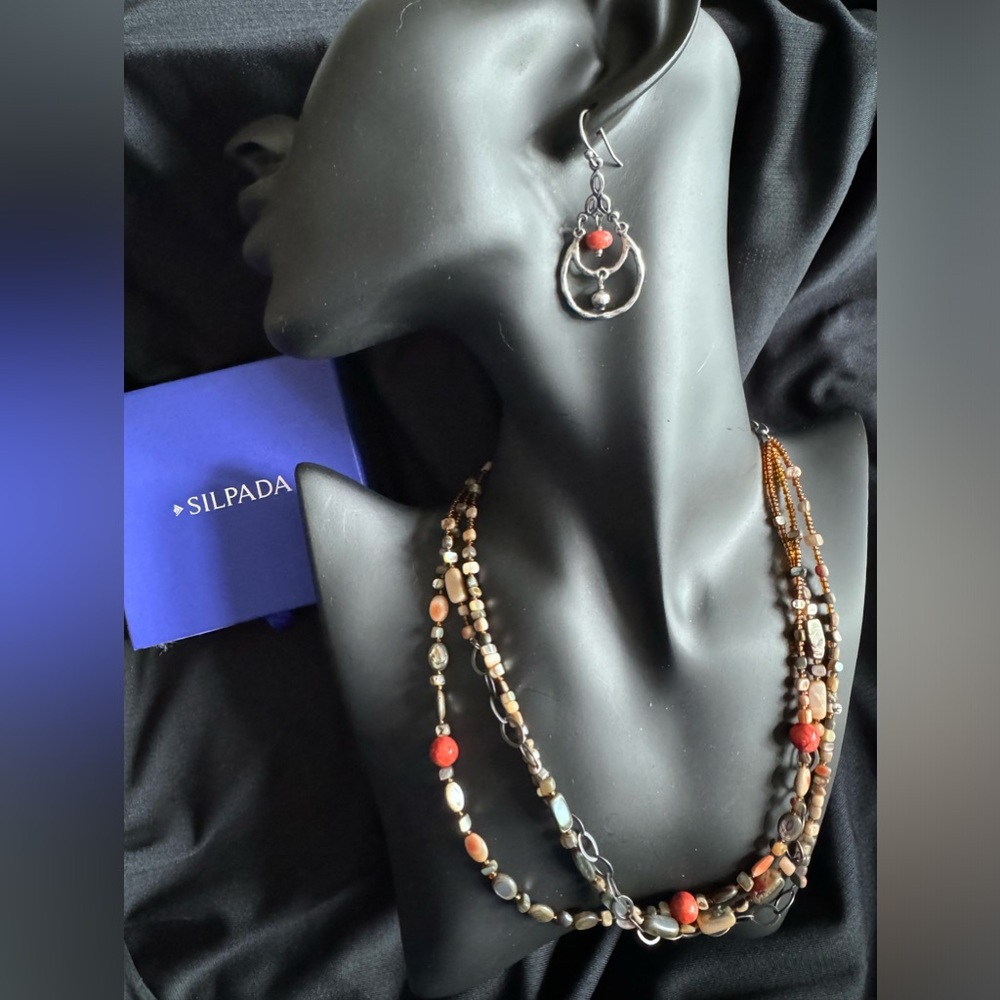 Silpada Fiesta Fun Coral & Abalone Sterling Silver Necklace & Earrings Set